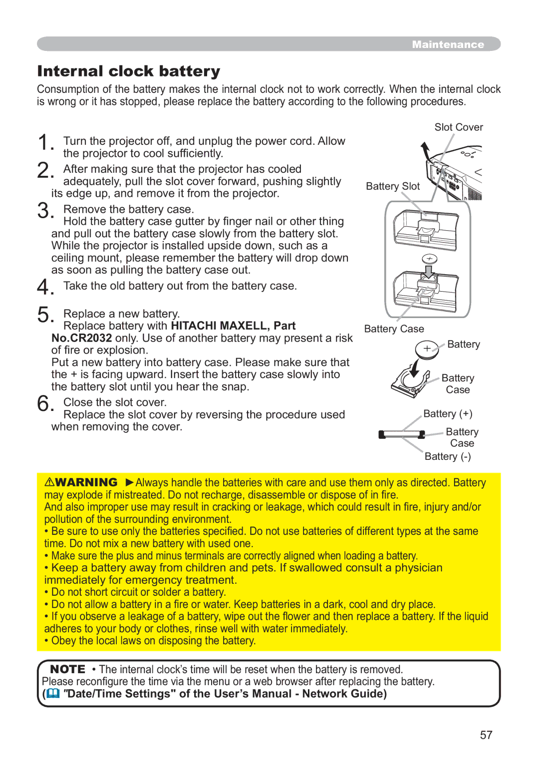 Hitachi CP-X205, CP-X305 user manual Internal clock battery, Date/Time Settings of the User’s Manual Network Guide 