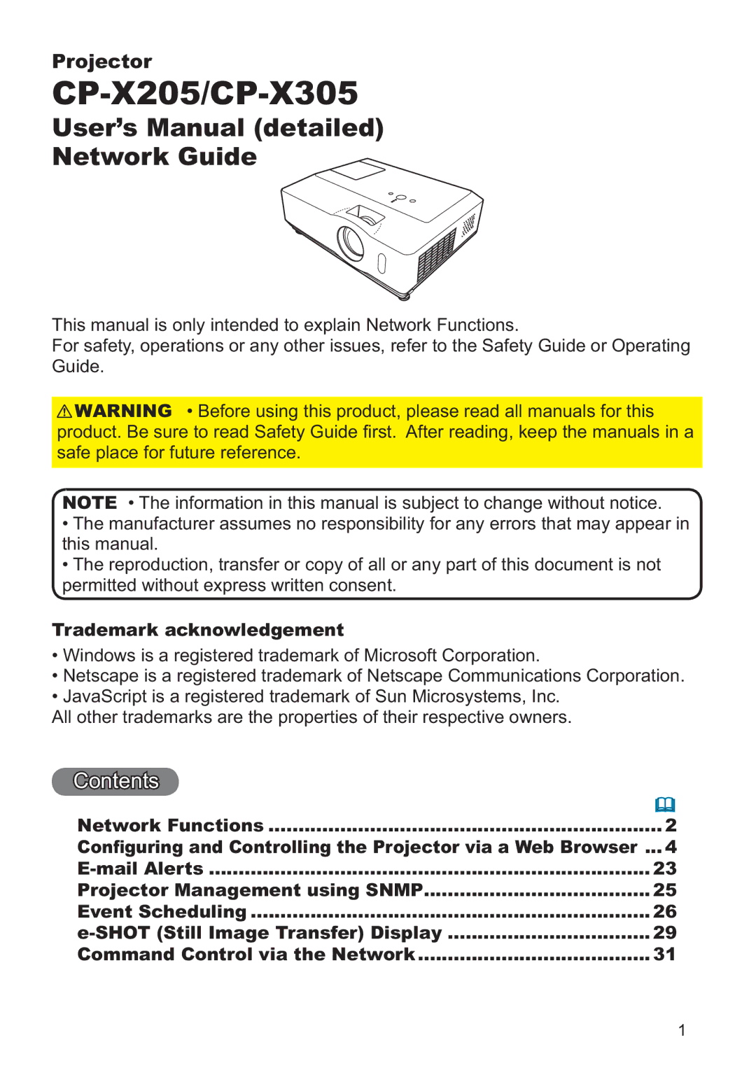 Hitachi CP-X305, CP-X205 user manual User’s Manual detailed Network Guide 