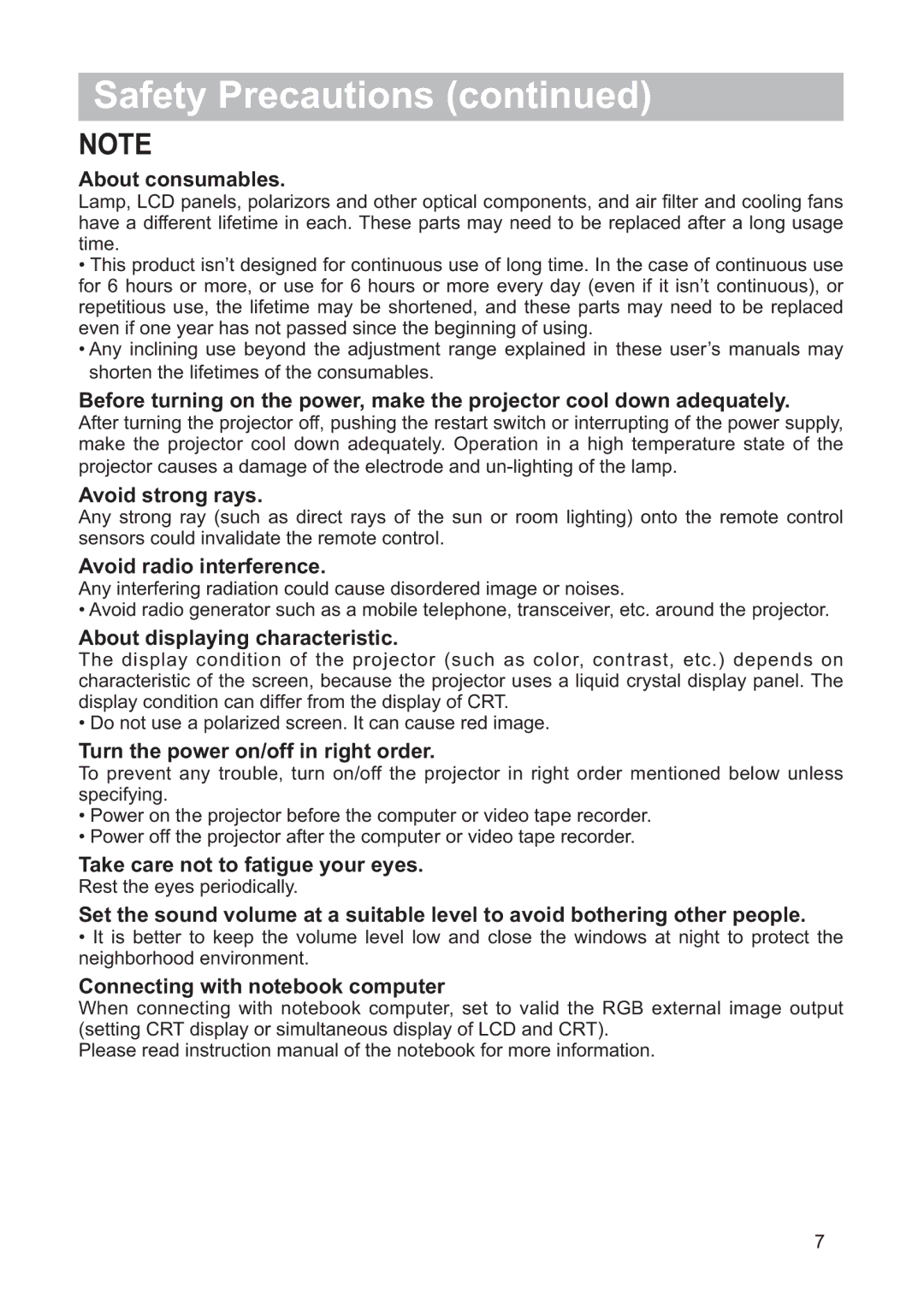 Hitachi CP-X205, CP-X305 About consumables, Avoid strong rays, Avoid radio interference, About displaying characteristic 