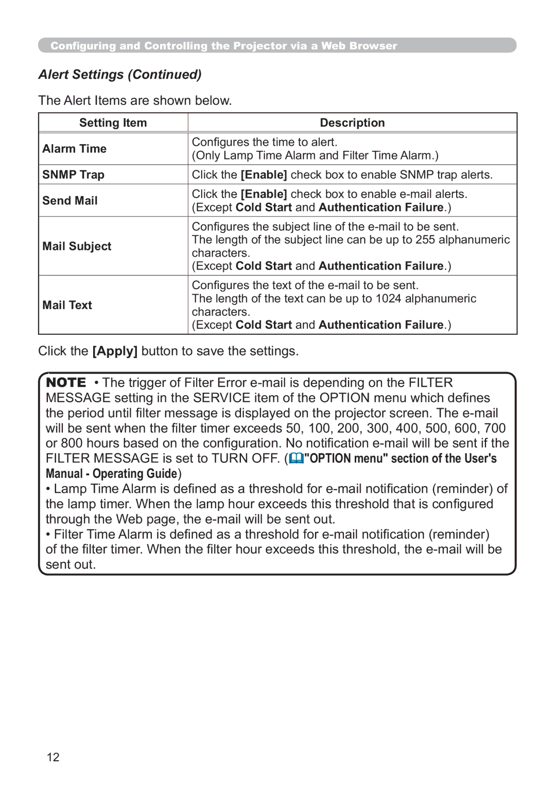 Hitachi CP-X205, CP-X305 user manual Alert Settings, 7KH$OHUW,WHPVDUHVKRZQEHORZ 