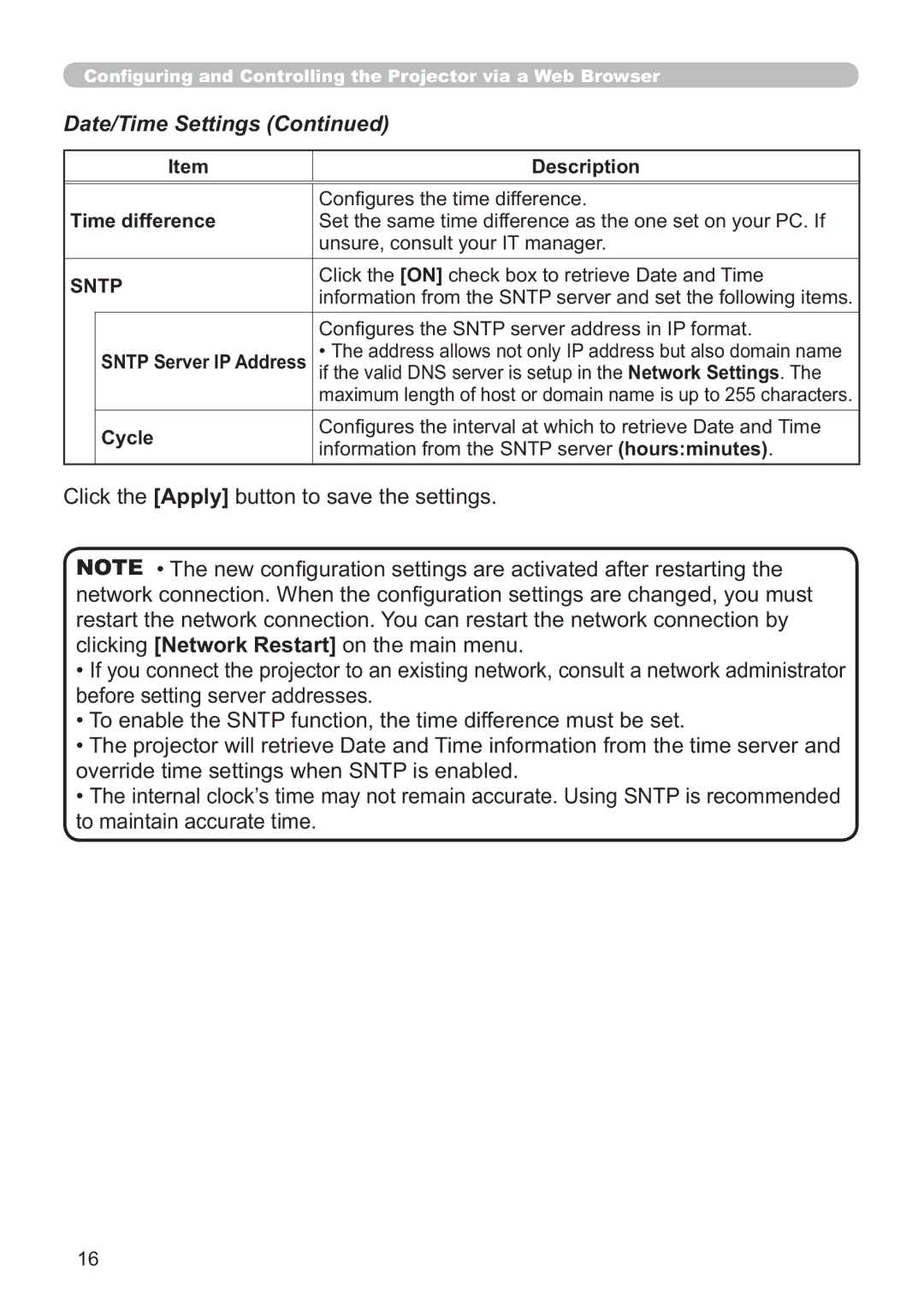 Hitachi CP-X205, CP-X305 Date/Time Settings, Time difference, Cycle, Information from the Sntp server hoursminutes 