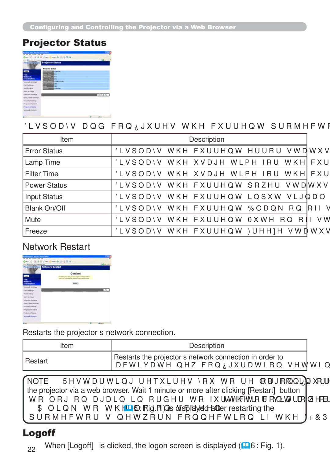 Hitachi CP-X205, CP-X305 3URMHFWRU6WDWXV, Network Restart, Rjrii, Lvsod\VDqgFrq¿JxuhvWkhFxuuhqwSurmhfwruVwdwxv 