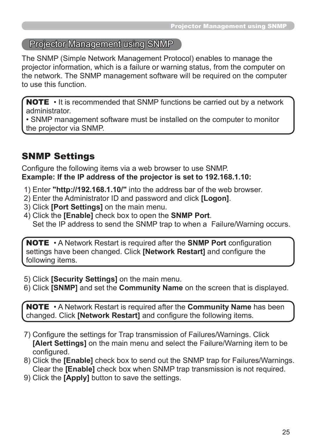 Hitachi CP-X305 Projector Management using Snmp, 61036HWWLQJV, RQ¿JXUHWKHIROORZLQJLWHPVYLDDZHEEURZVHUWRXVH6103 