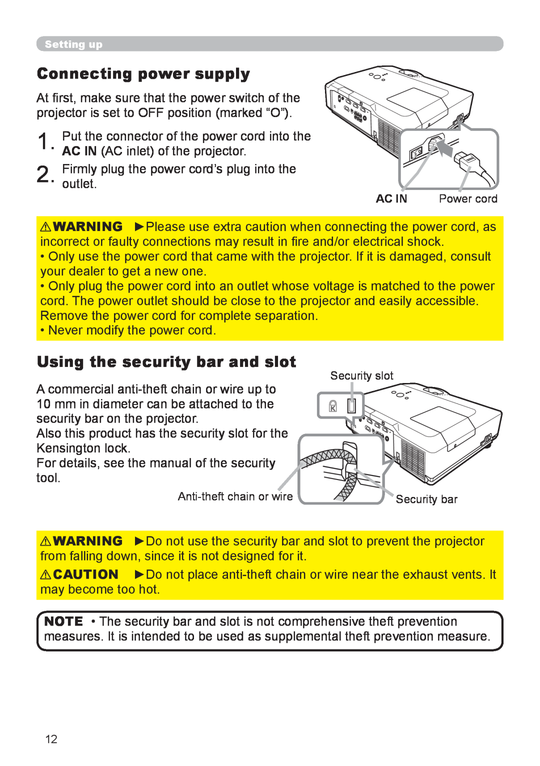 Hitachi CP-X206, CP-X306 user manual Connecting power supply, Using the security bar and slot 