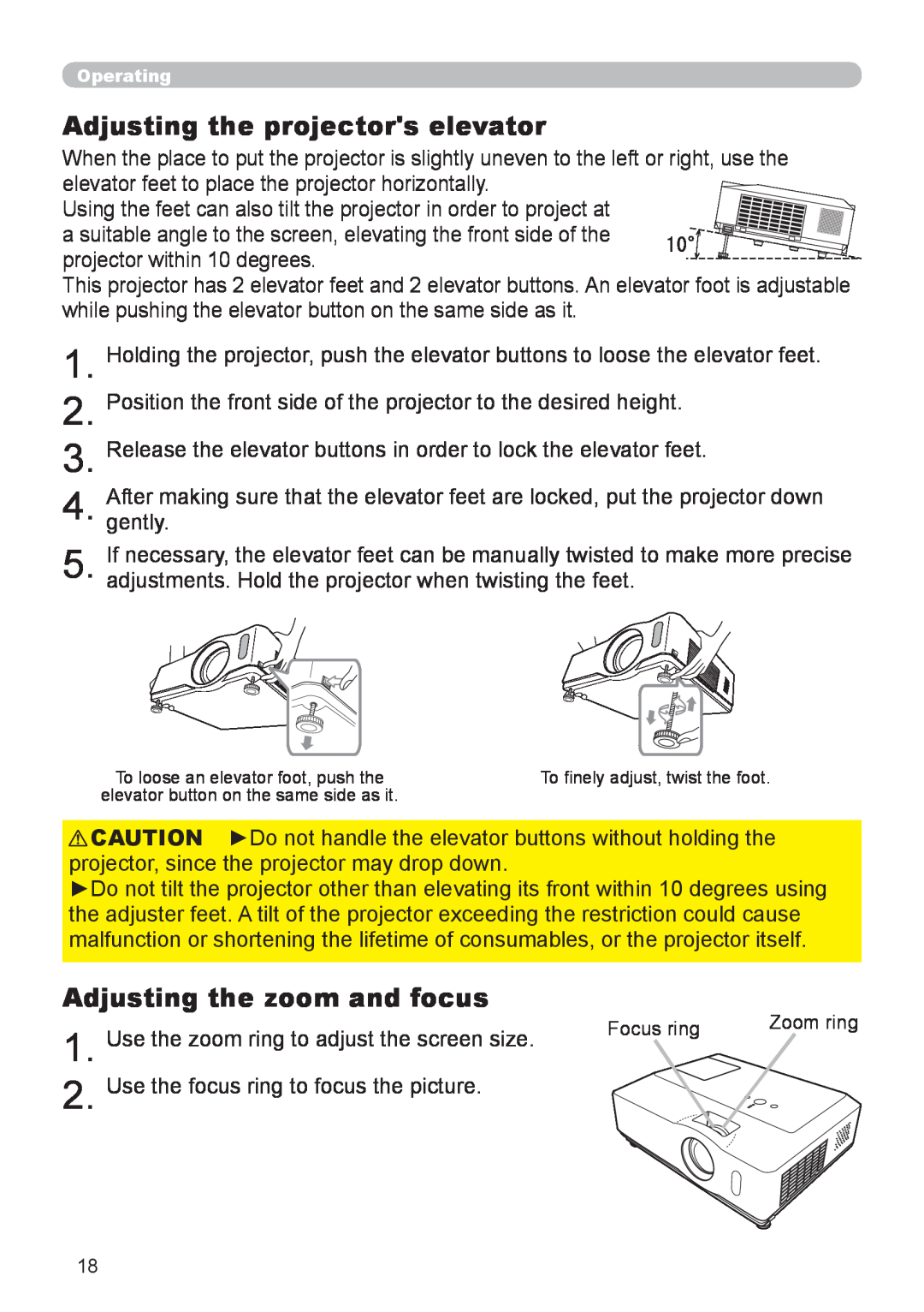 Hitachi CP-X206, CP-X306 user manual Adjusting the projectors elevator, Adjusting the zoom and focus 