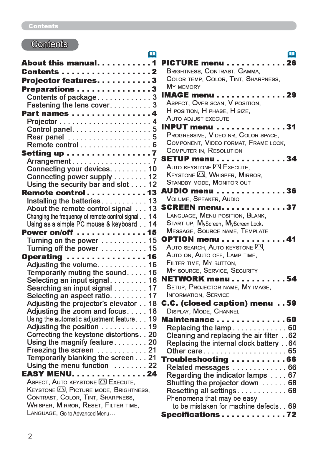 Hitachi CP-X206 Contents, About this manual, PICTURE menu, Projector features, Preparations, IMAGE menu, Part names 