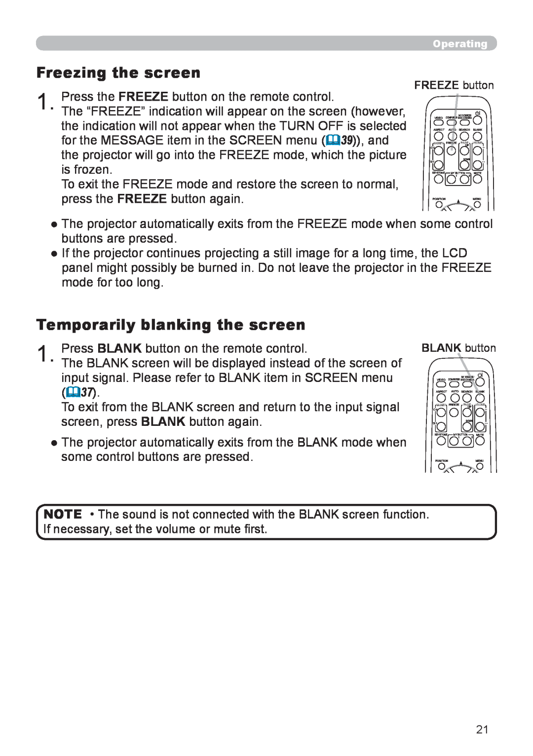 Hitachi CP-X306, CP-X206 user manual Freezing the screen, Temporarily blanking the screen 