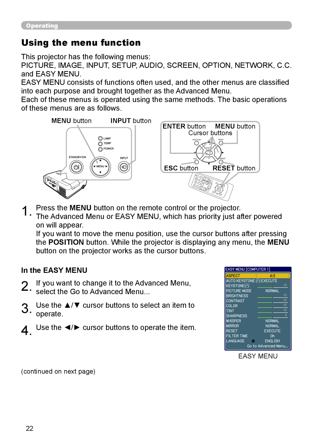 Hitachi CP-X206, CP-X306 user manual Using the menu function, In the EASY MENU 