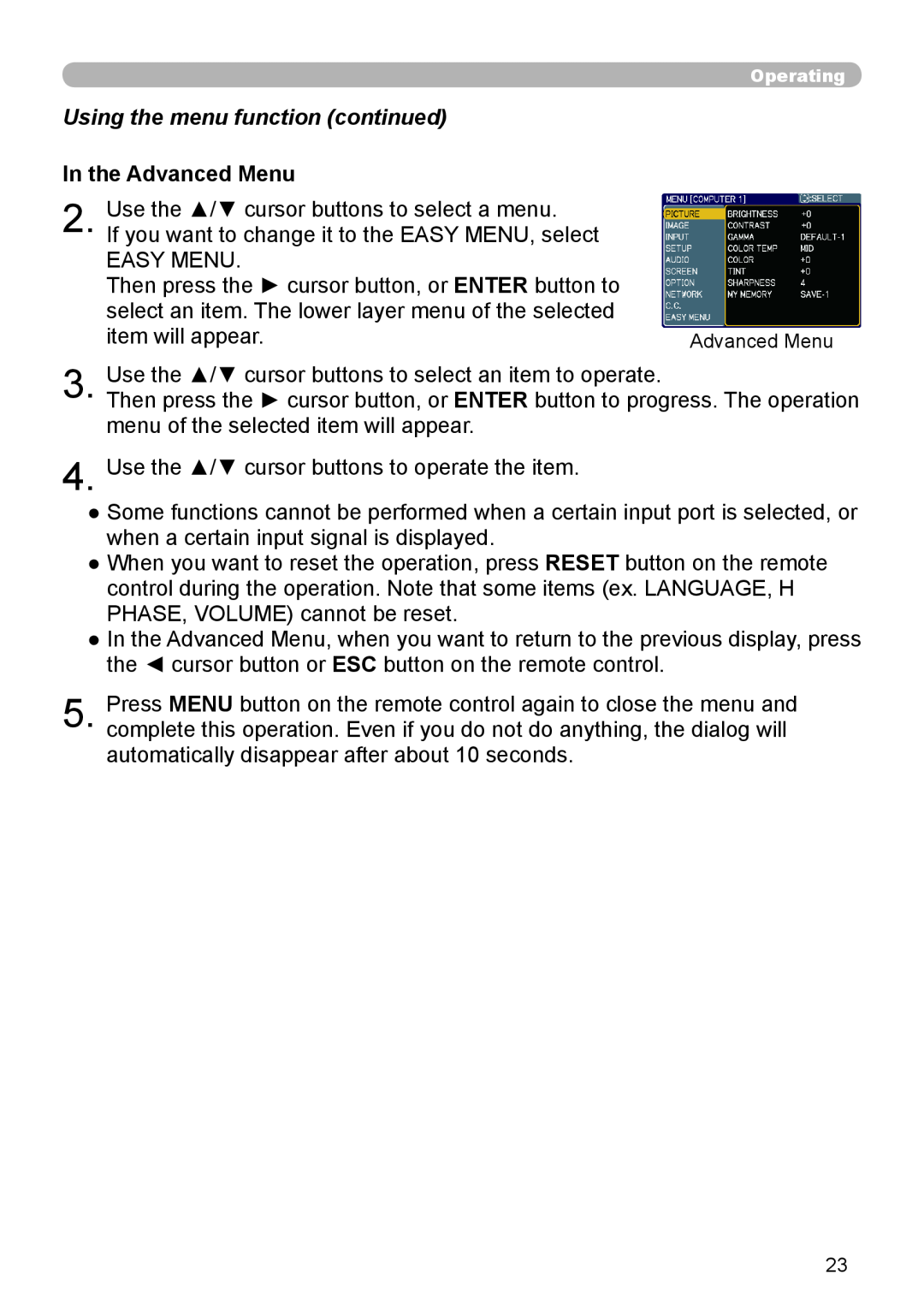 Hitachi CP-X306, CP-X206 user manual Using the menu function continued, In the Advanced Menu 