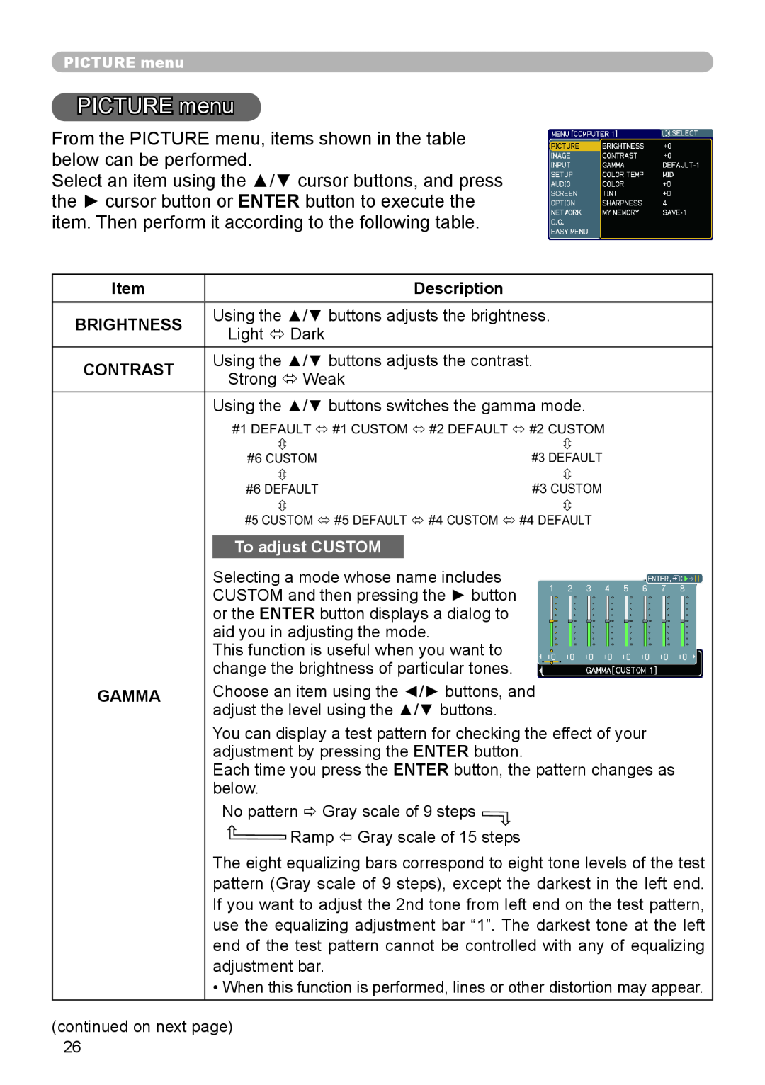 Hitachi CP-X206, CP-X306 user manual PICTURE menu, Description, Brightness, Contrast, To adjust CUSTOM, Gamma 