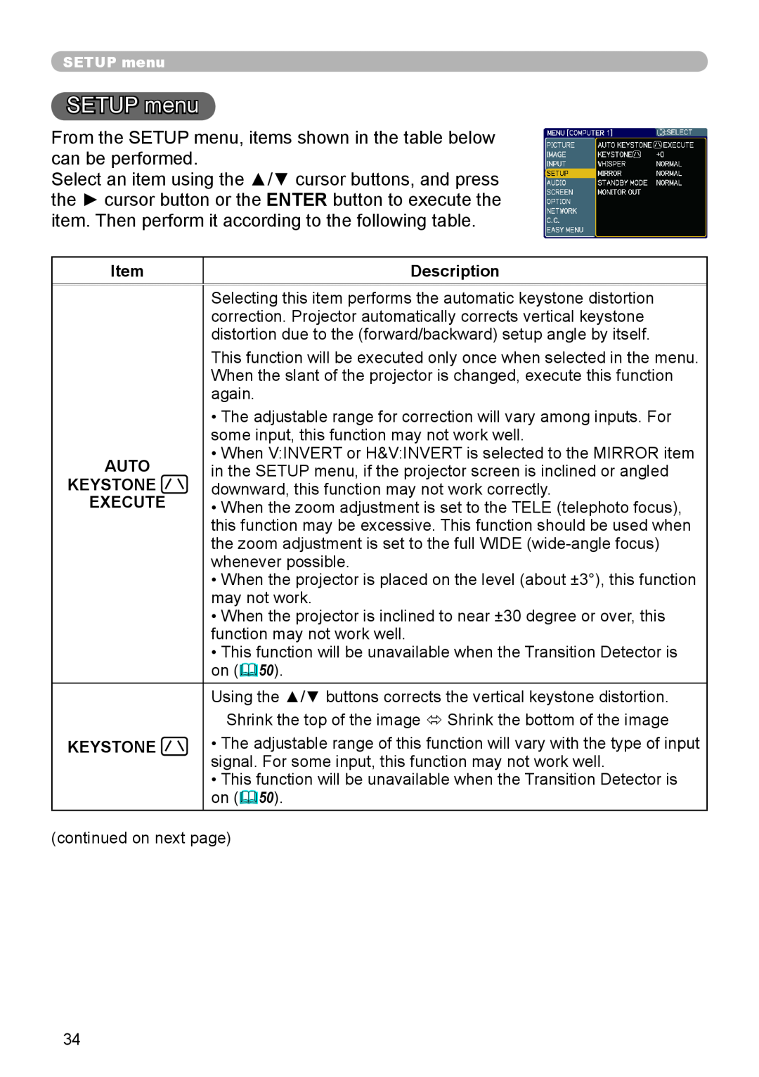 Hitachi CP-X206, CP-X306 user manual SETUP menu, Description, Auto, Keystone, Execute 