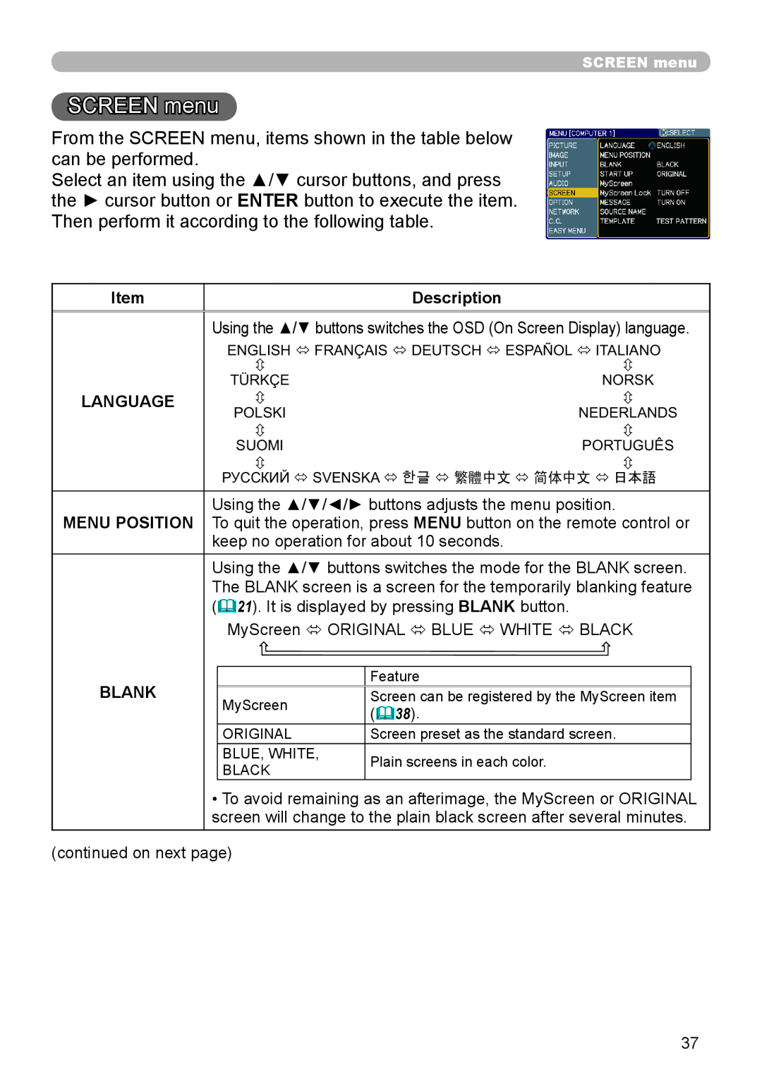 Hitachi CP-X306, CP-X206 user manual SCREEN menu, Description, Language, Blank 