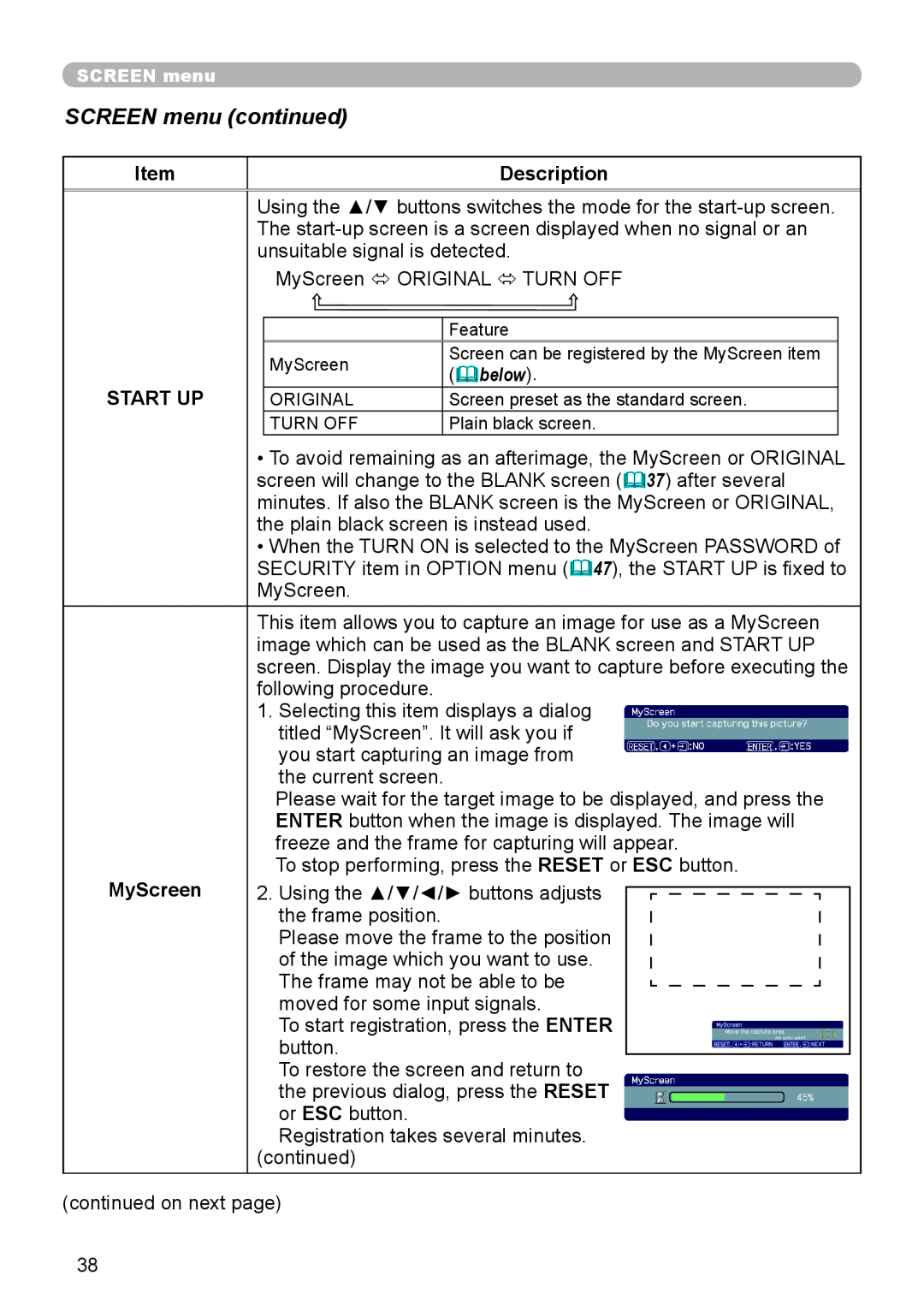 Hitachi CP-X206, CP-X306 user manual SCREEN menu continued, Description, below, Start Up, MyScreen 