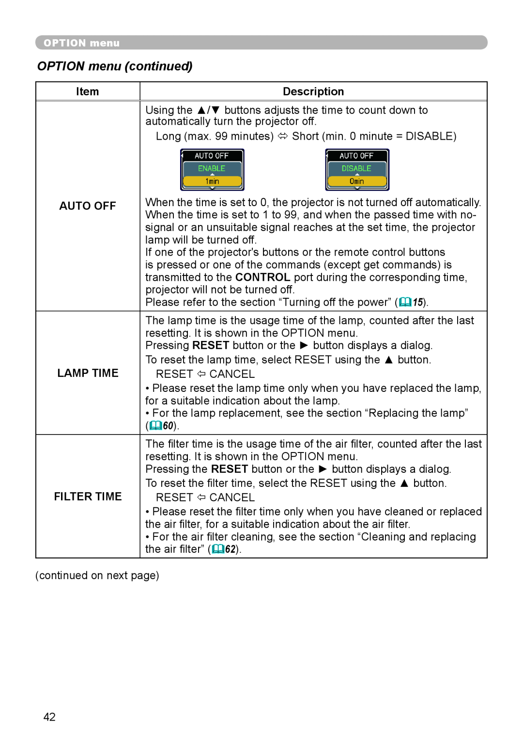 Hitachi CP-X206, CP-X306 user manual OPTION menu continued, Description, Auto Off, Lamp Time, Filter Time 