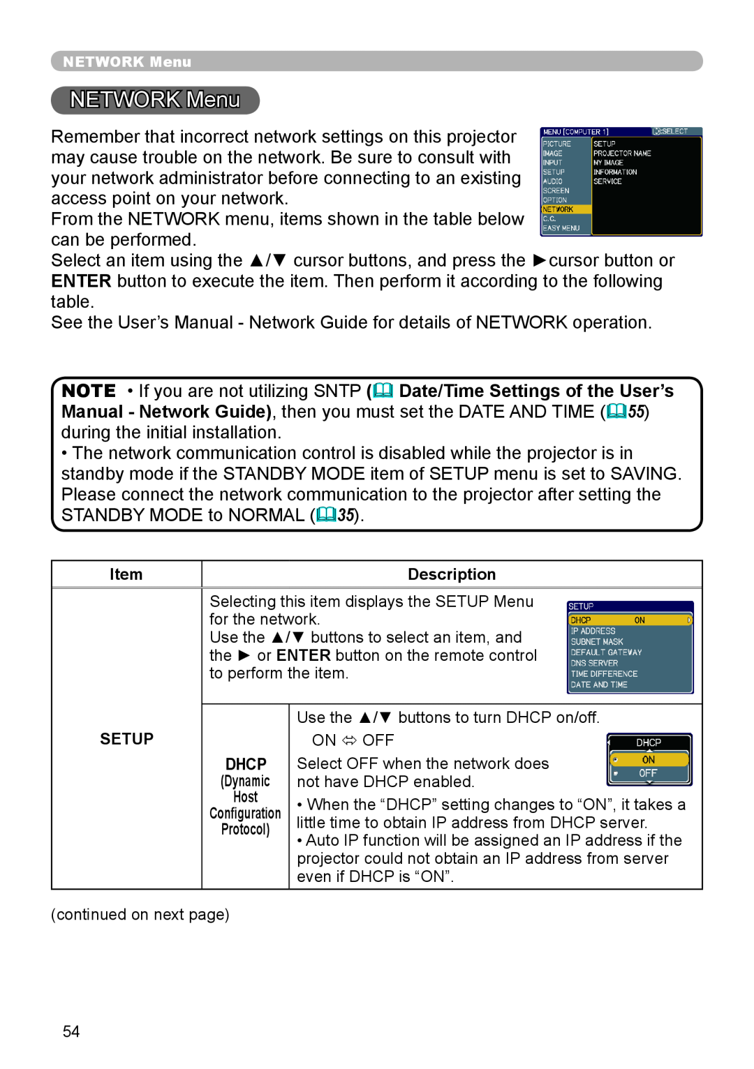 Hitachi CP-X206, CP-X306 user manual NETWORK Menu 