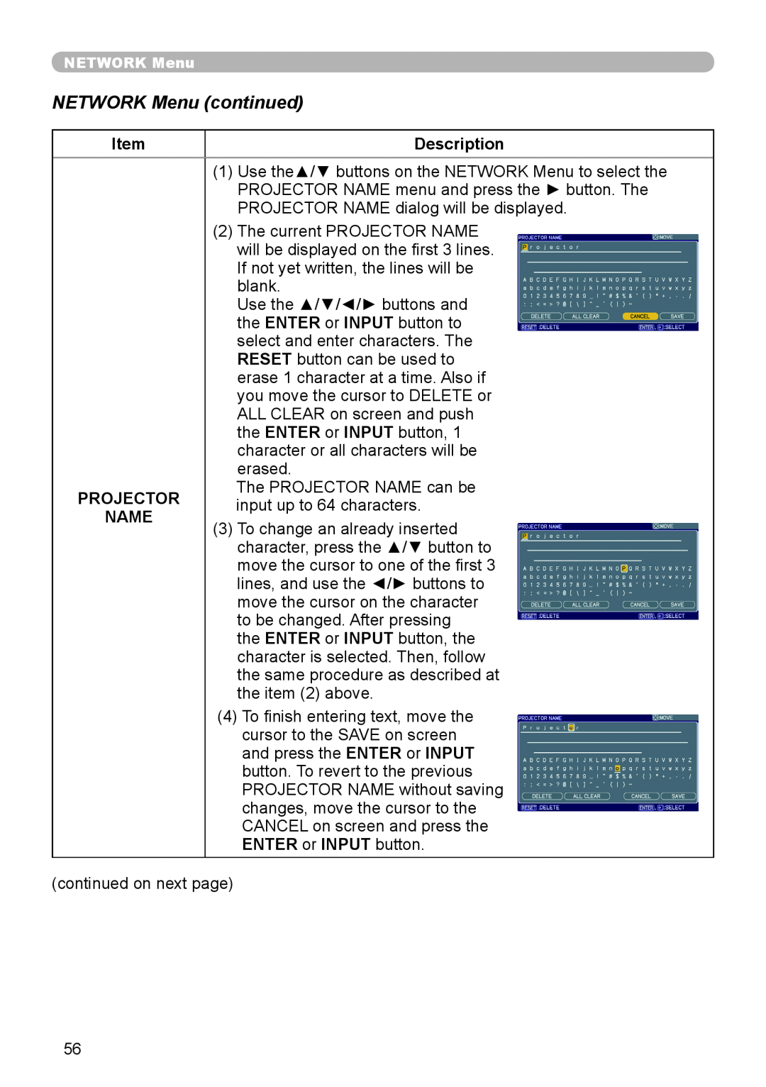 Hitachi CP-X206, CP-X306 user manual NETWORK Menu continued, Description, Projector, Name, ENTER or INPUT button 