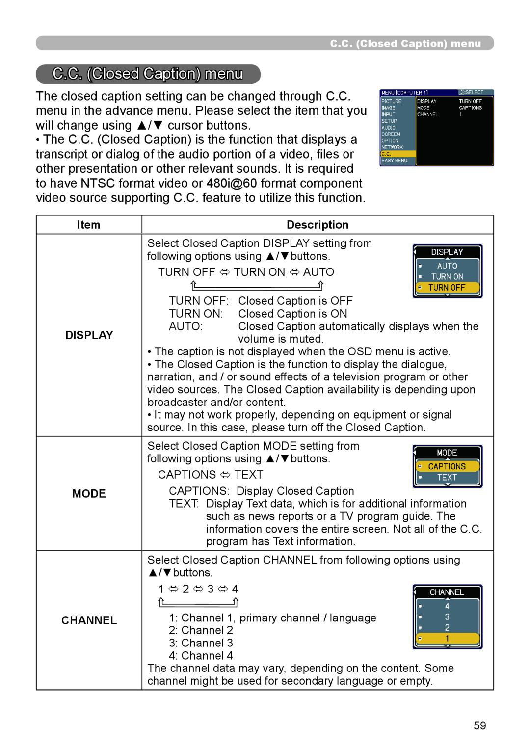 Hitachi CP-X306, CP-X206 user manual C.C. Closed Caption menu, C..C.. Closed Caption menu 