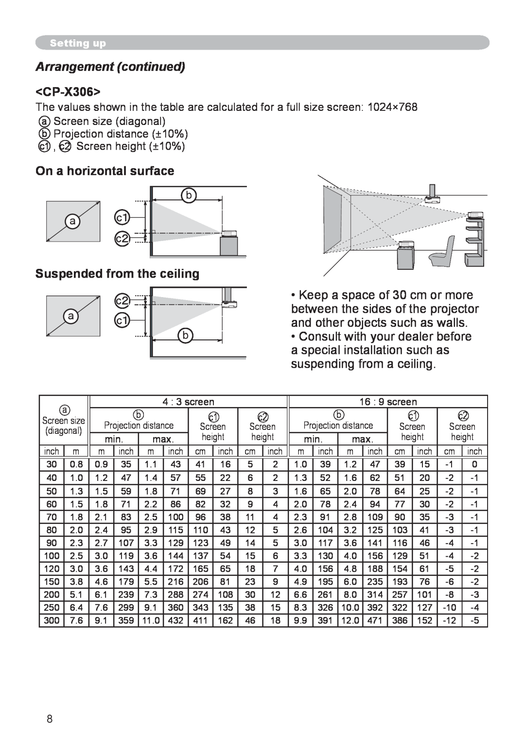 Hitachi CP-X206 user manual Arrangement continued, CP-X306, On a horizontal surface Suspended from the ceiling, Setting up 