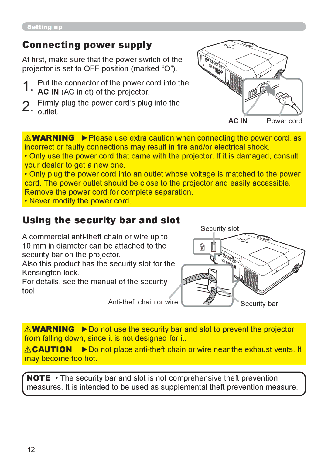 Hitachi CP-X206, CP-X306 user manual Connecting power supply, Using the security bar and slot 