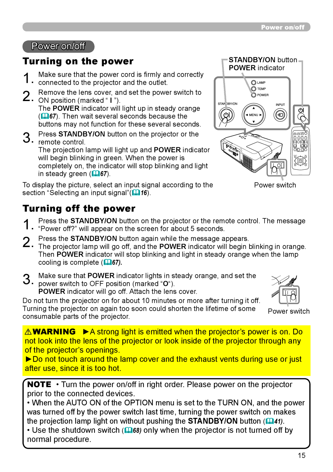 Hitachi CP-X306, CP-X206 Power on/off, Turning on the power, Turning off the power, STANDBY/ON button Power indicator 