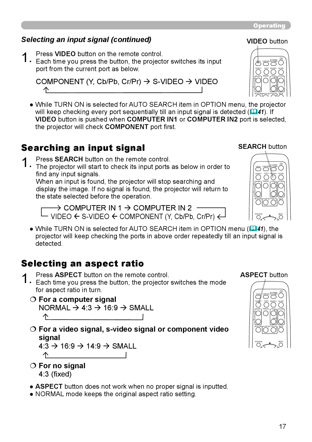 Hitachi CP-X306 Searching an input signal, Selecting an aspect ratio, Selecting an input signal,  For a computer signal 