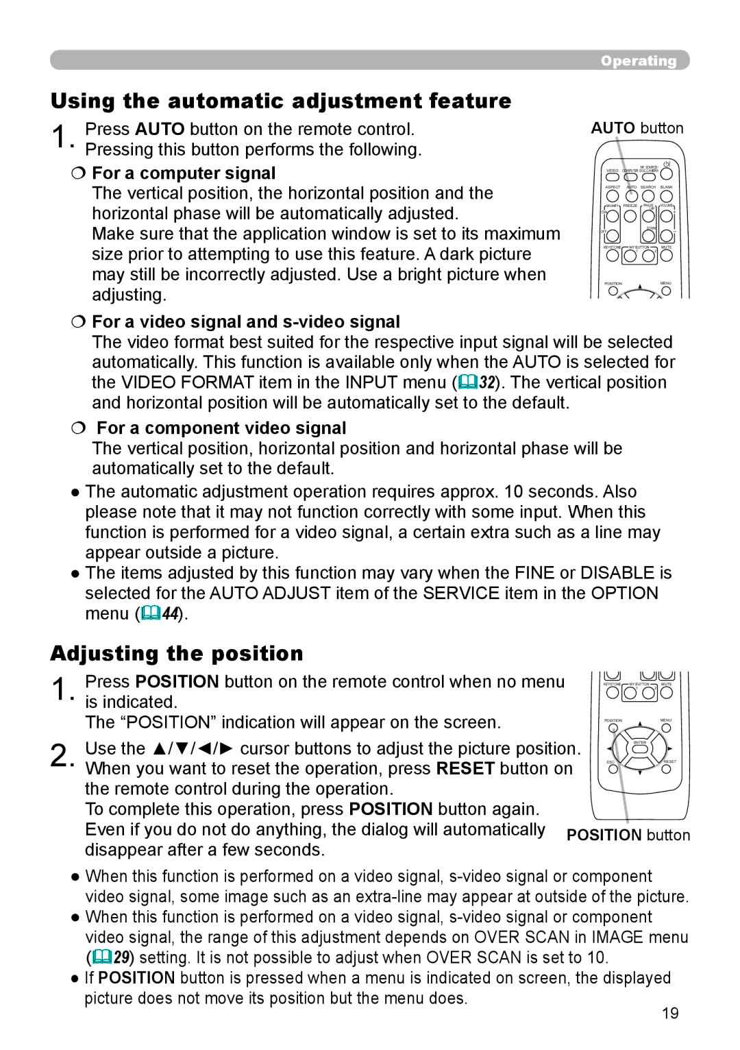 Hitachi CP-X306 Using the automatic adjustment feature, Adjusting the position,  For a video signal and s-video signal 