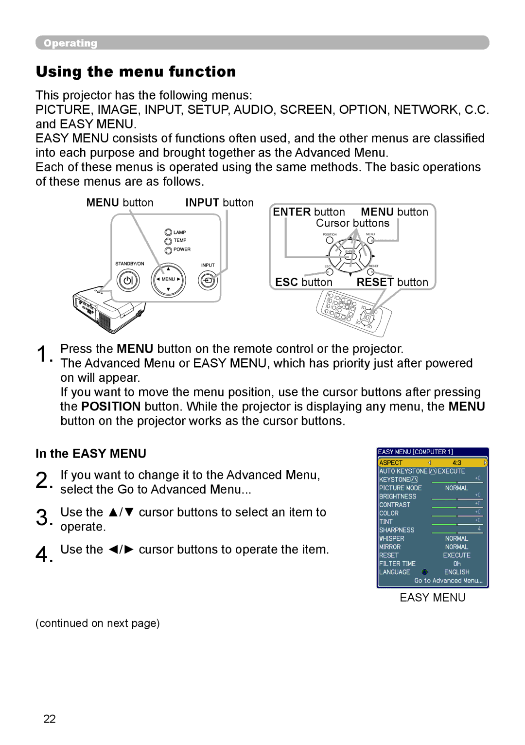 Hitachi CP-X206, CP-X306 user manual Using the menu function, Easy Menu, Input button Enter button, Reset button 