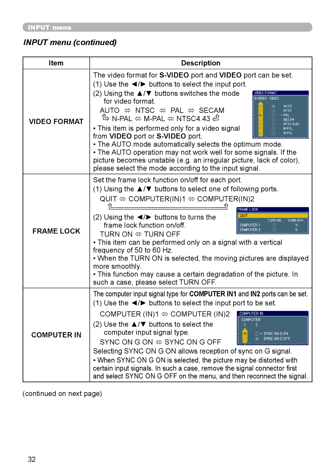 Hitachi CP-X206, CP-X306 user manual Input menu, Video Format, Frame Lock, Computer 