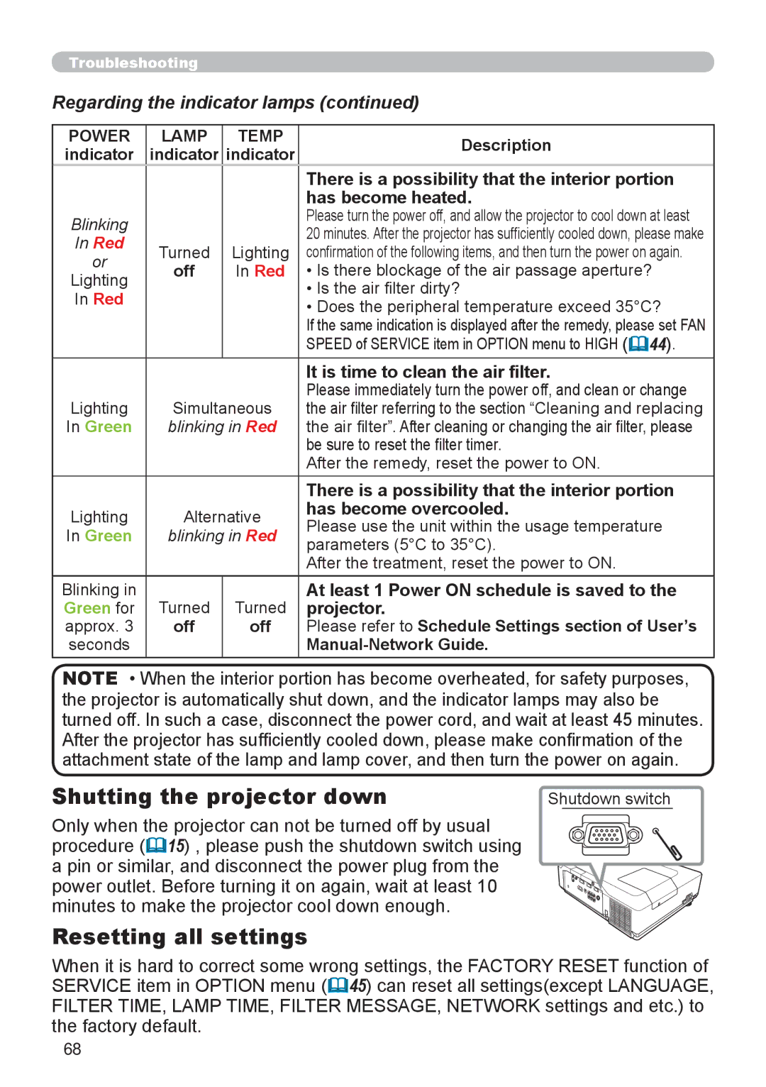 Hitachi CP-X206, CP-X306 user manual Shutting the projector down, Resetting all settings 