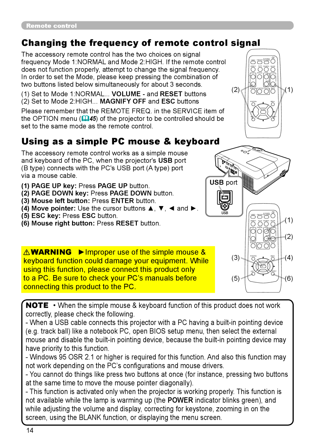 Hitachi CP-X206, CP-X306 user manual Changing the frequency of remote control signal, Using as a simple PC mouse & keyboard 