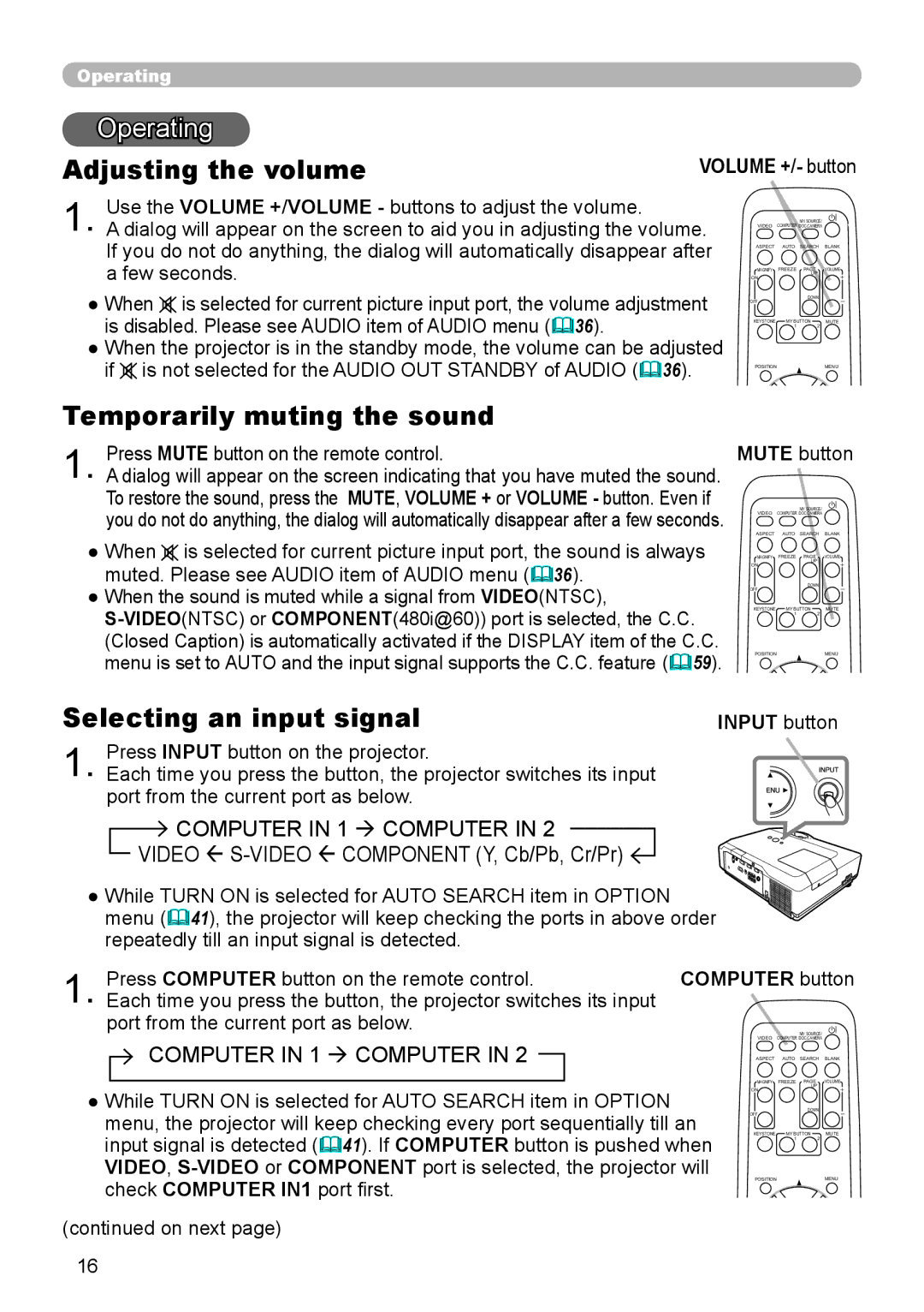 Hitachi CP-X206, CP-X306 Operating, Adjusting the volume, Temporarily muting the sound, Selecting an input signal 