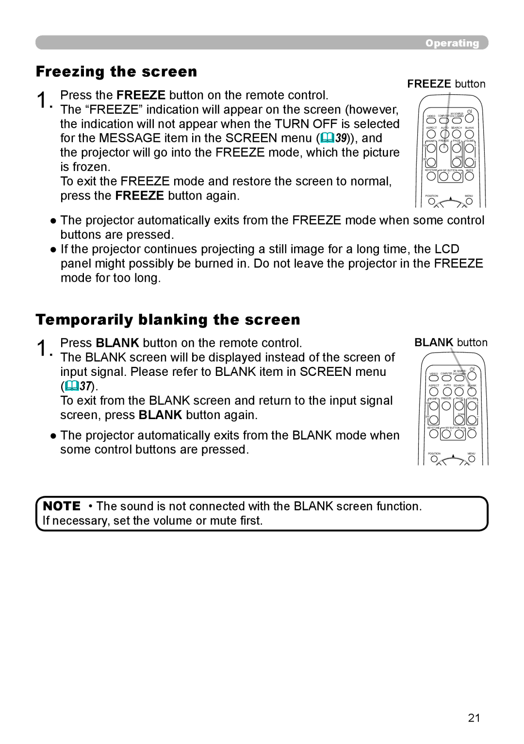 Hitachi CP-X306, CP-X206 user manual Freezing the screen, Temporarily blanking the screen, Freeze button, Blank button 