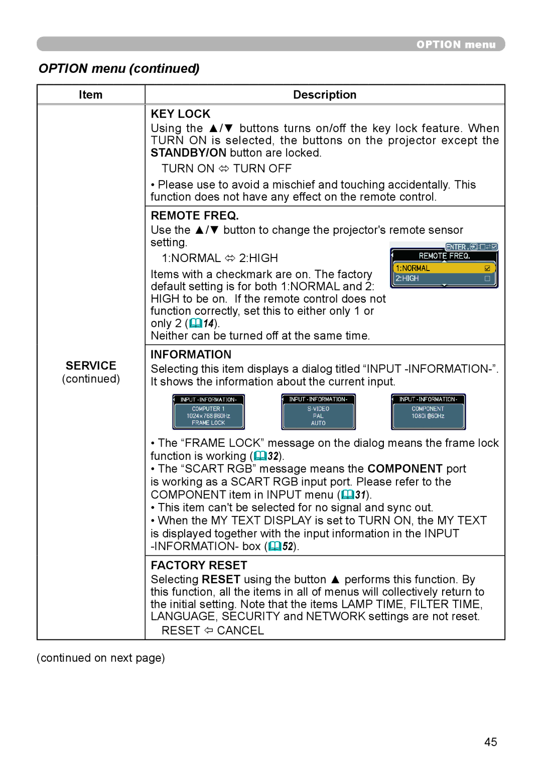 Hitachi CP-X306, CP-X206 user manual KEY Lock, Remote Freq, Service Information, Factory Reset 