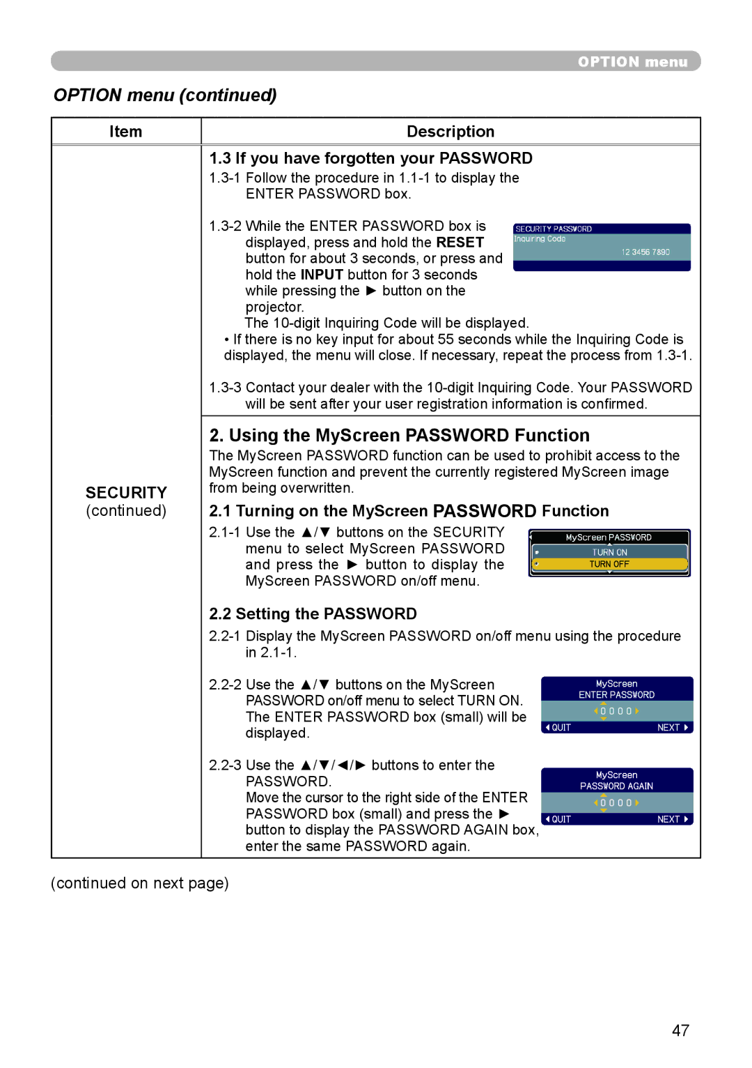 Hitachi CP-X306, CP-X206 Using the MyScreen Password Function, If you have forgotten your Password, Setting the Password 