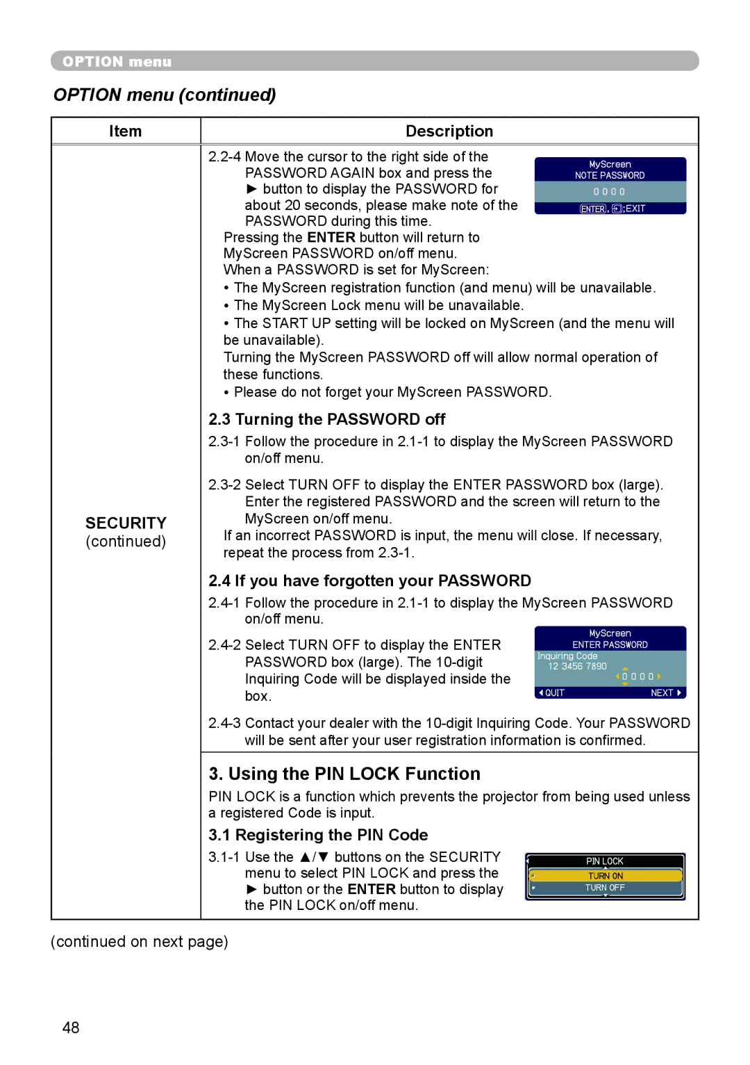 Hitachi CP-X206 Using the PIN Lock Function, Description Security, Turning the Password off, Registering the PIN Code 