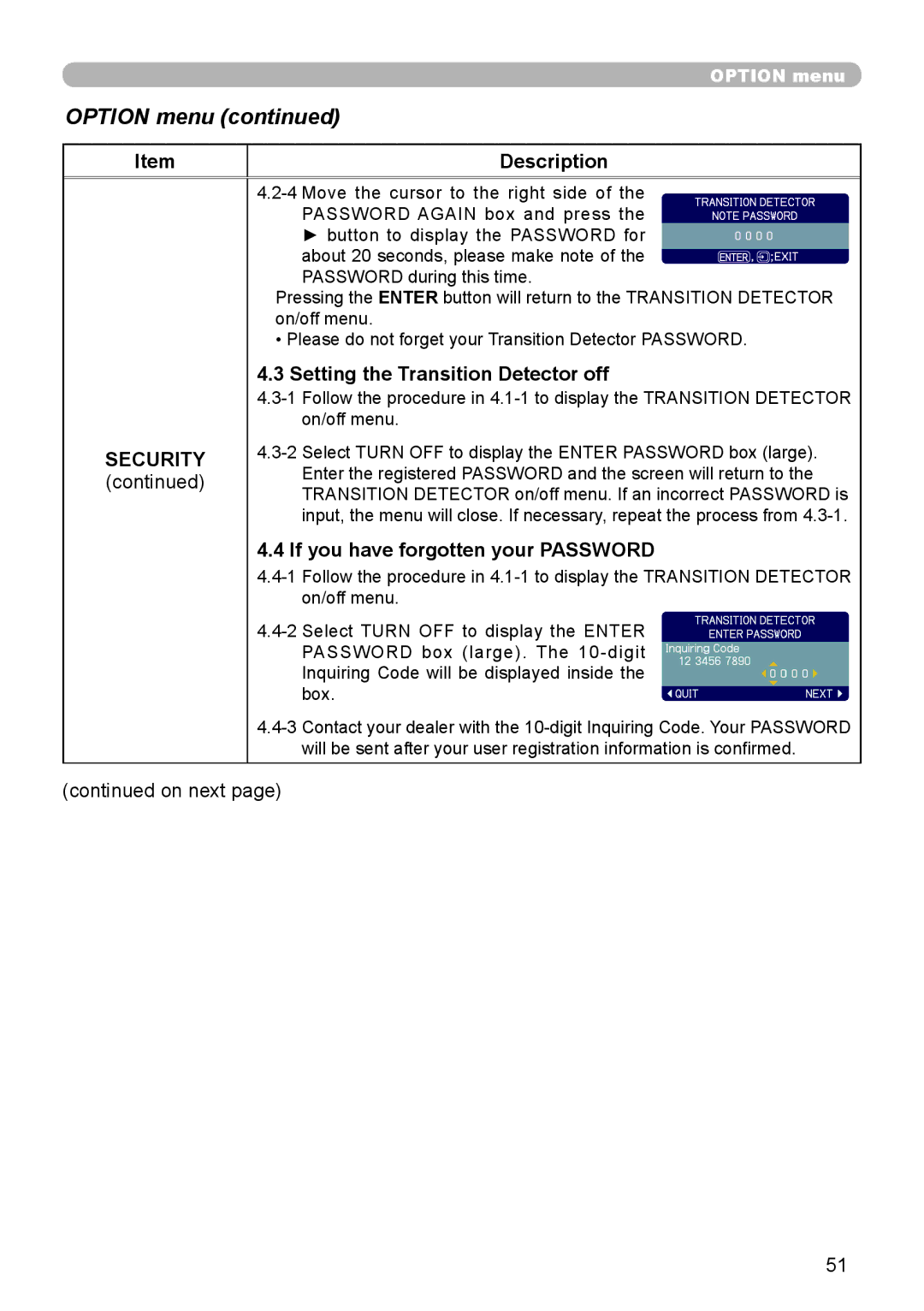 Hitachi CP-X306, CP-X206 user manual Setting the Transition Detector off, If you have forgotten your Password 