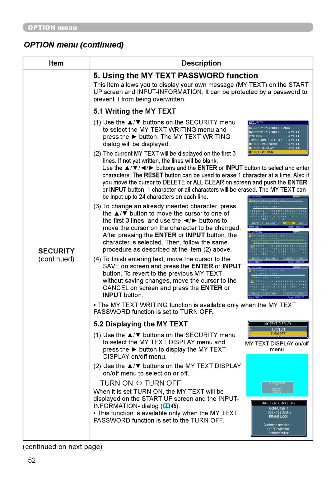 Hitachi CP-X206, CP-X306 user manual Using the MY Text Password function, Writing the MY Text, Displaying the MY Text 