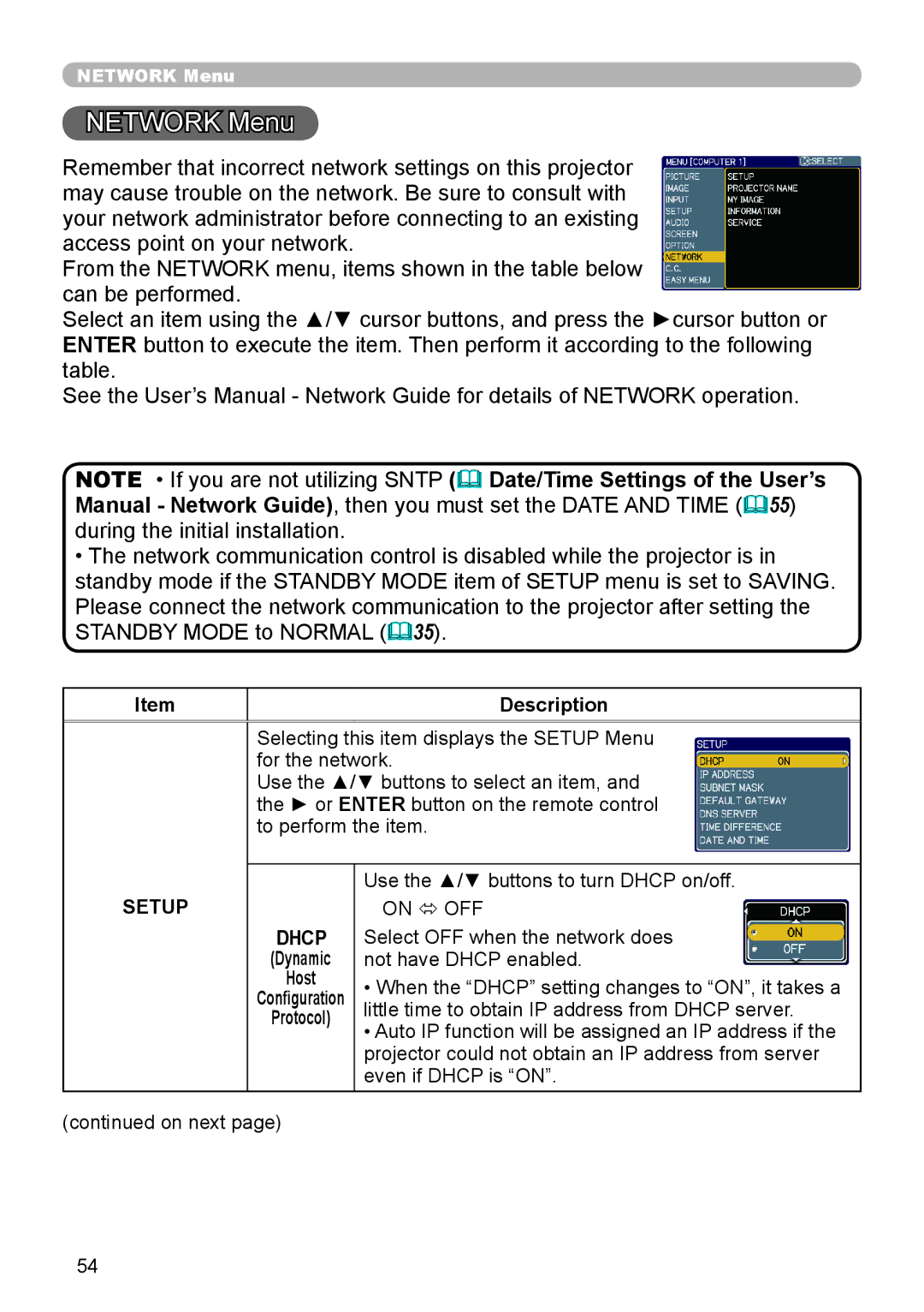 Hitachi CP-X206, CP-X306 user manual Network Menu, Setup 