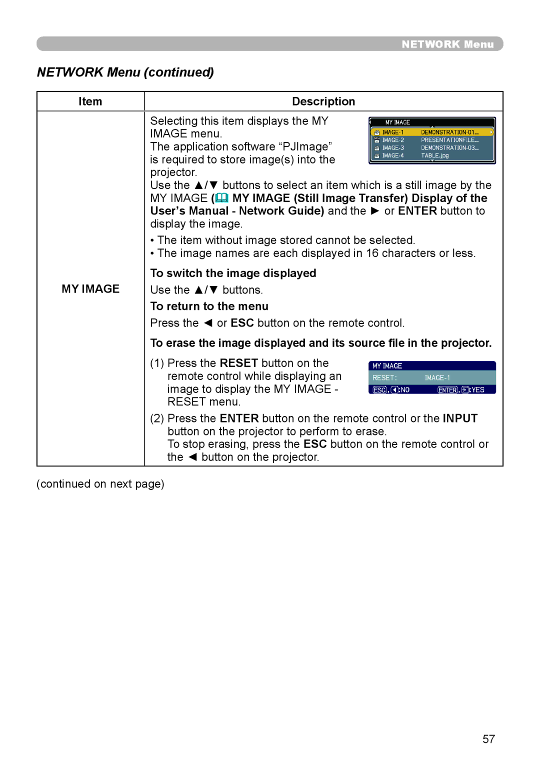 Hitachi CP-X306, CP-X206 user manual MY Image, To switch the image displayed, To return to the menu 