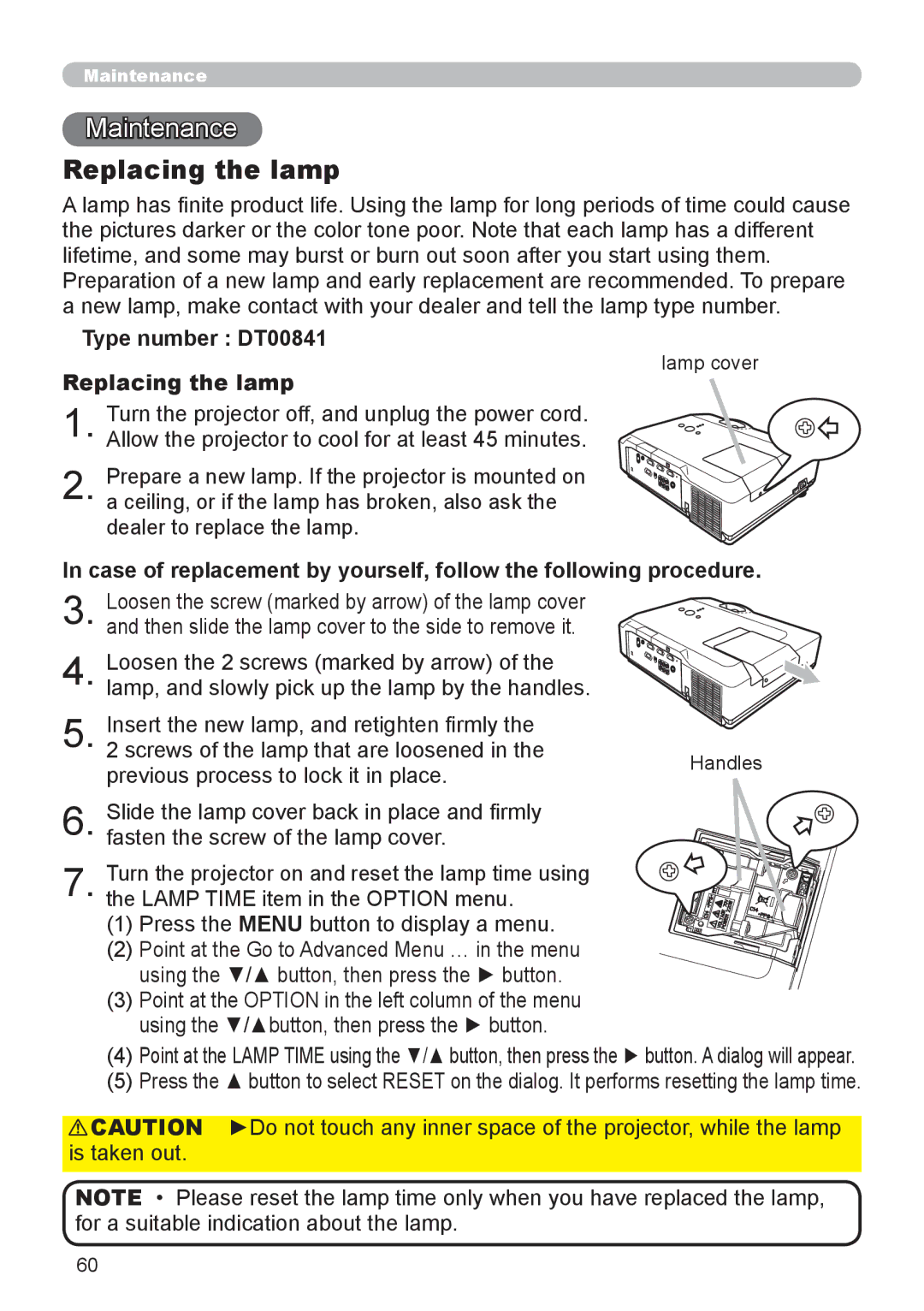 Hitachi CP-X206, CP-X306 user manual Maintenance, Type number DT00841 Replacing the lamp 