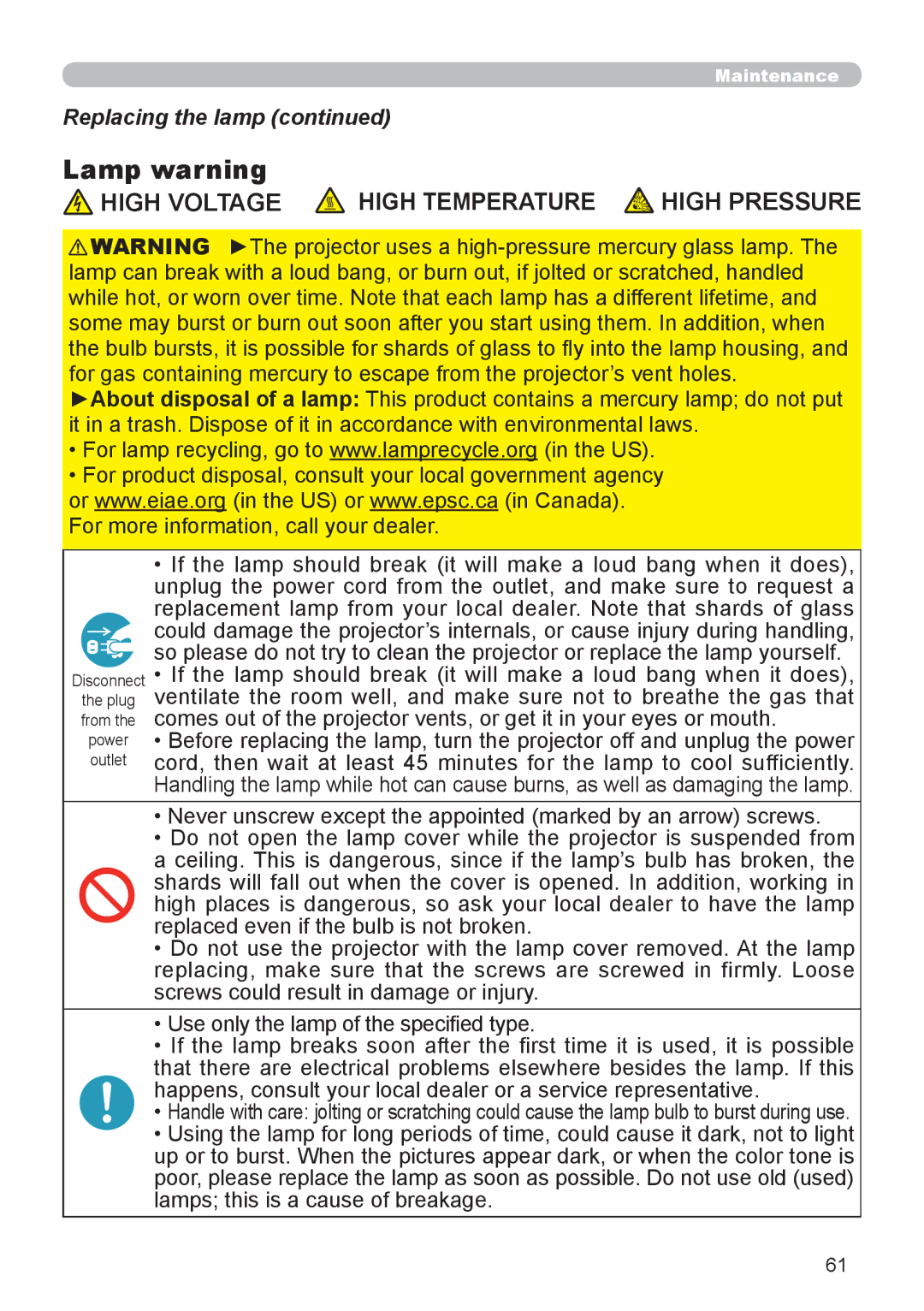 Hitachi CP-X306, CP-X206 user manual Lamp warning, Replacing the lamp 