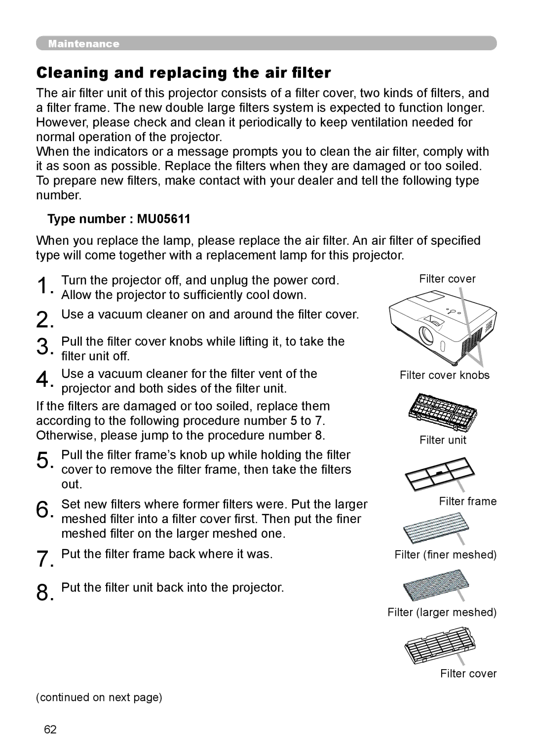 Hitachi CP-X206, CP-X306 user manual Cleaning and replacing the air filter, Type number MU05611 