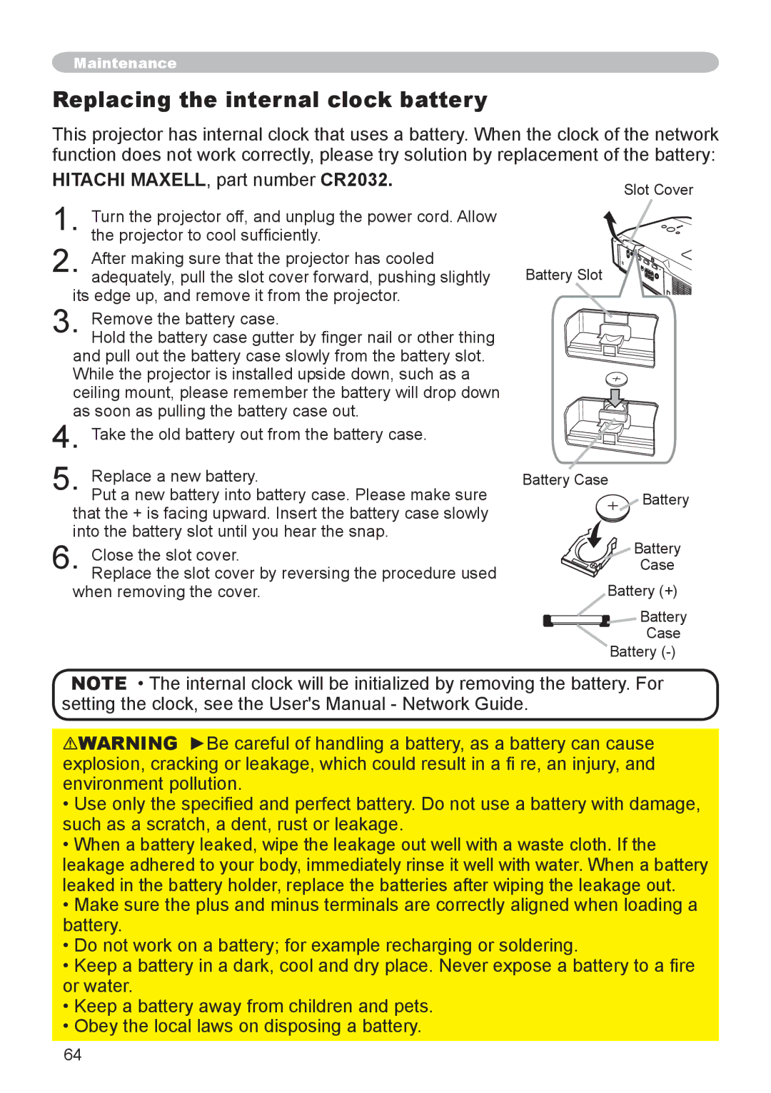 Hitachi CP-X206, CP-X306 user manual Replacing the internal clock battery, Hitachi MAXELL, part number CR2032 