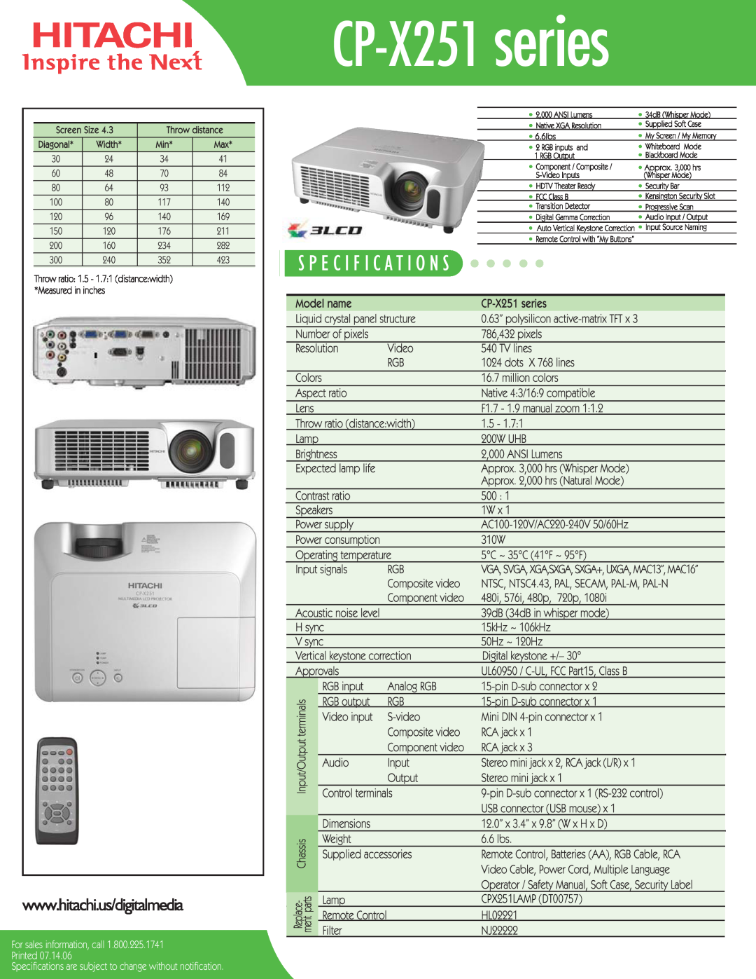 Hitachi specifications CP-X251 series, CPX251LAMP DT00757 