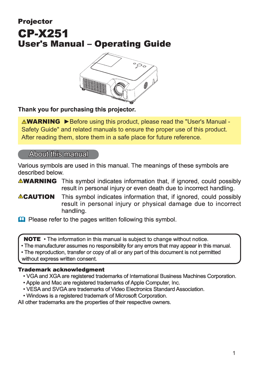 Hitachi CP-X251 user manual About this manual, Thank you for purchasing this projector, Users Manual - Operating Guide 