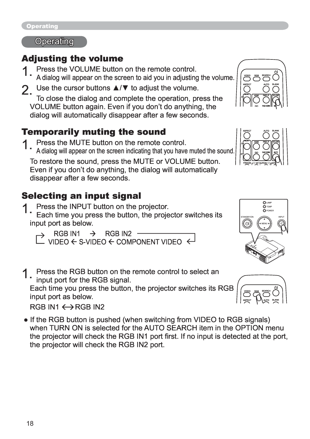 Hitachi CP-X251 user manual Operating, Adjusting the volume, Temporarily muting the sound, Selecting an input signal 