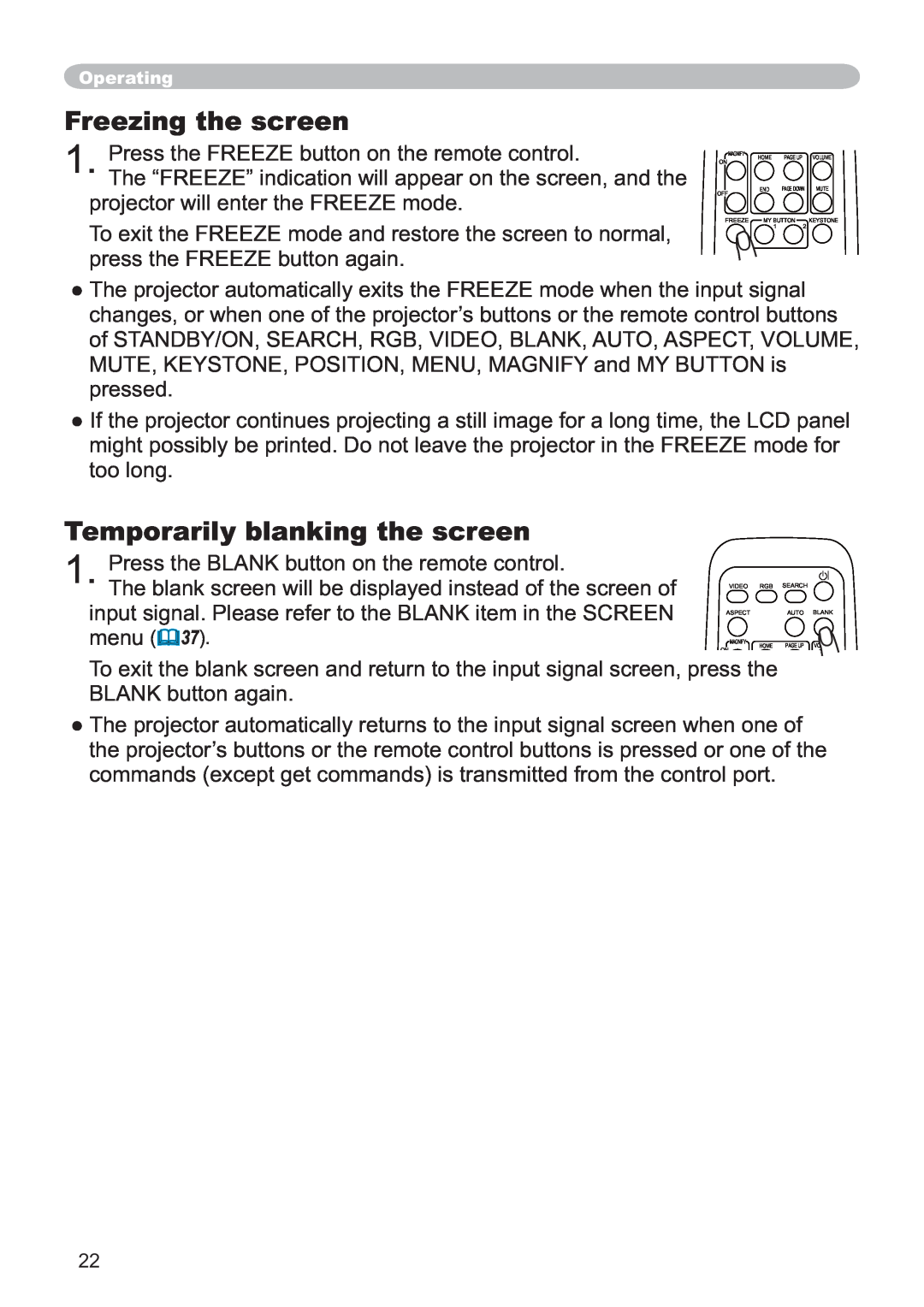 Hitachi CP-X251 user manual Freezing the screen, Temporarily blanking the screen 