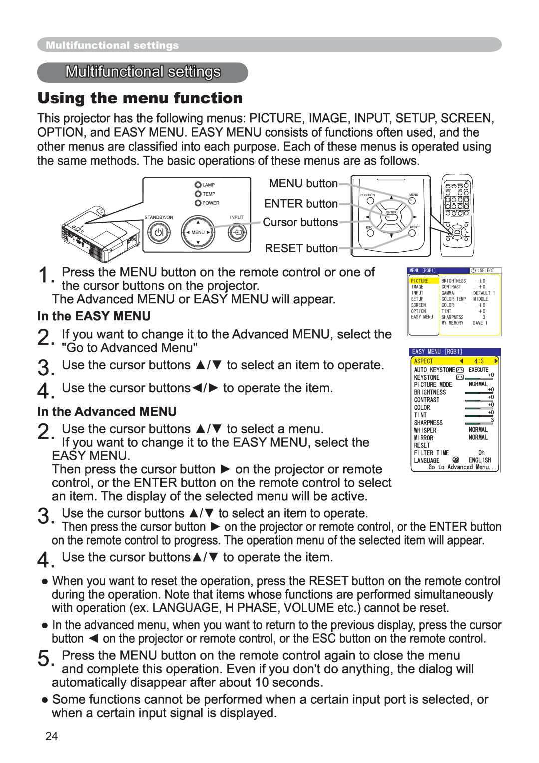 Hitachi CP-X251 user manual Multifunctional settings, Using the menu function, In the EASY MENU, In the Advanced MENU 