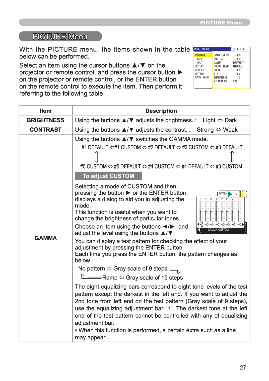 Hitachi CP-X251 user manual PICTURE Menu, Description, Brightness, Contrast, To adjust CUSTOM, Gamma 