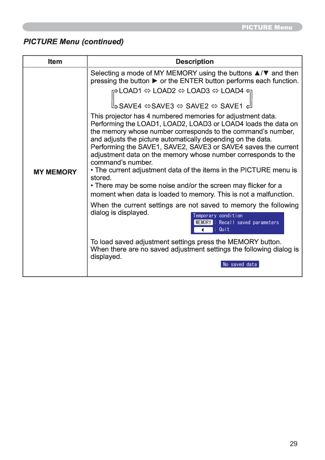 Hitachi CP-X251 user manual PICTURE Menu continued, Description, LOAD1 Ù LOAD2 Ù LOAD3 Ù LOAD4, My Memory 
